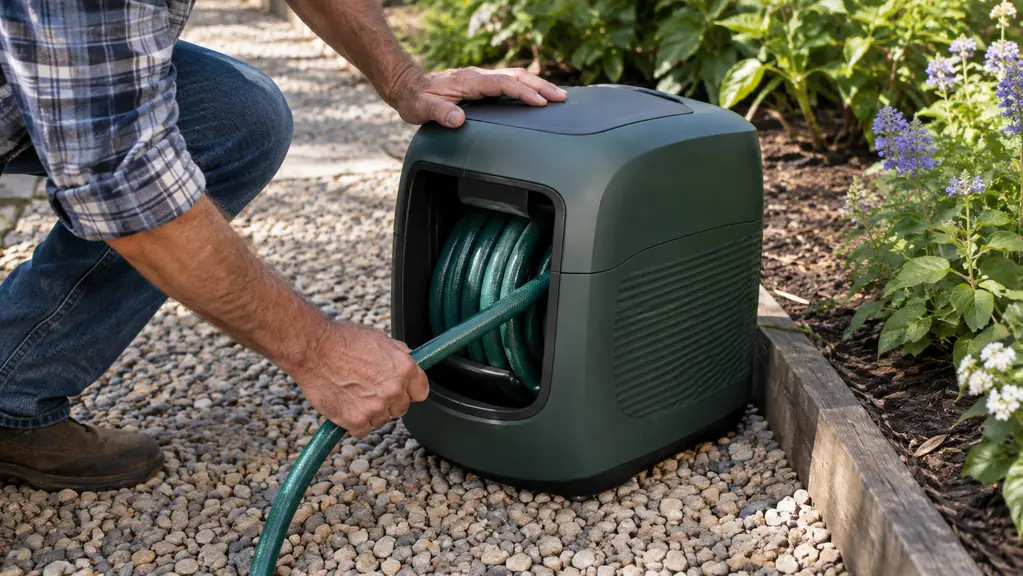 A hand pulling hose out of the front opening of the hose hideaway while the rest of the hose stays coiled inside