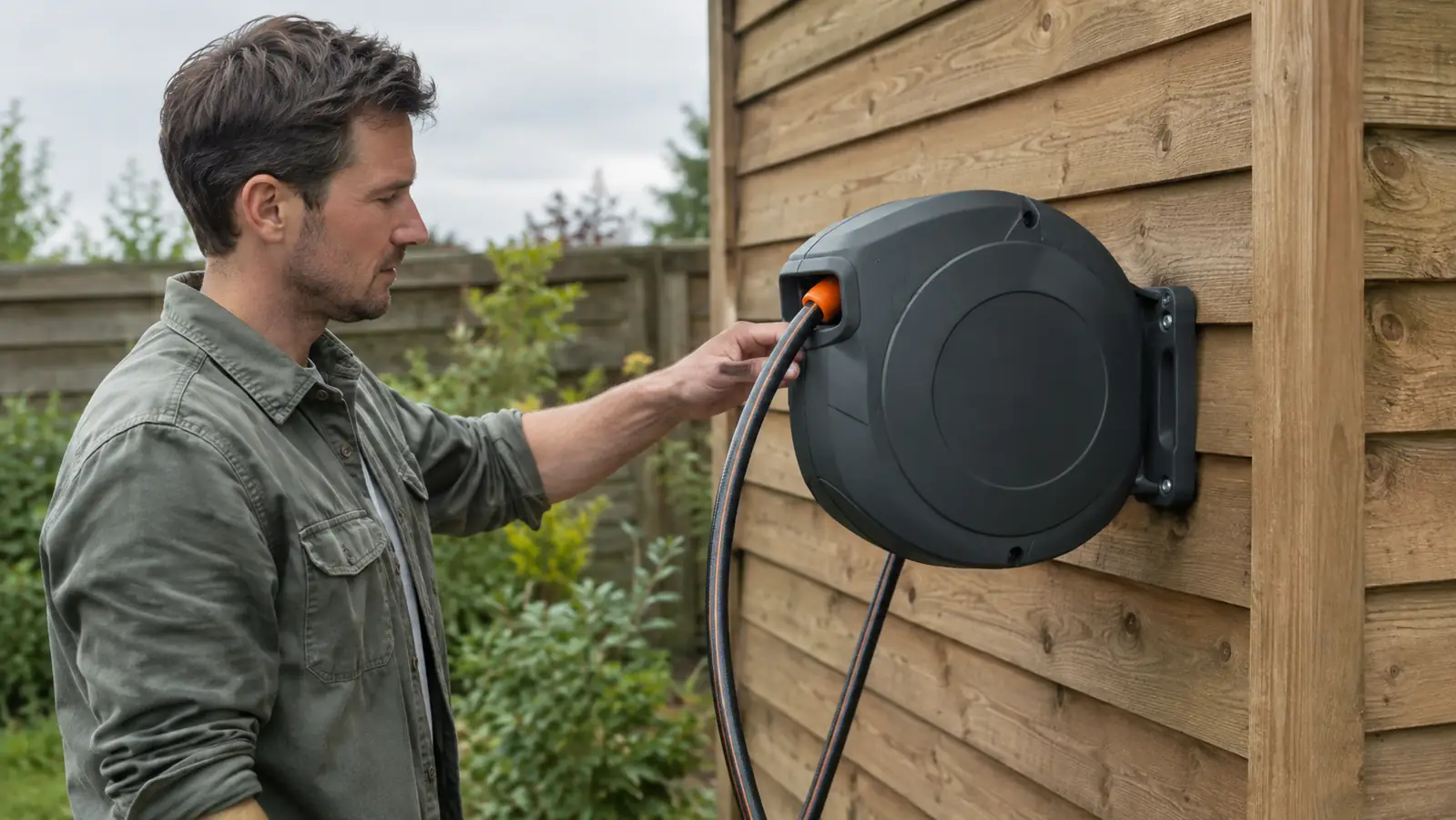 A man in a work shirt standing beside the hose hideaway mounted on a wooden shed wall, hand on the hose guide