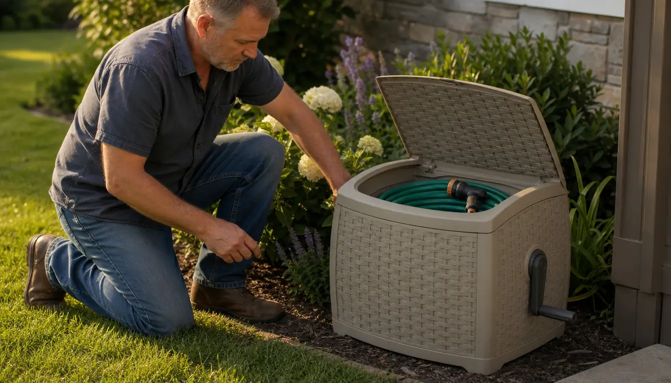 A man pulling a garden hose out through the guide on top of a wicker-style resin hose hideaway mounted on a shed wall