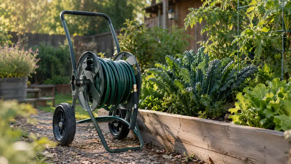 A wheeled hose reel cart sitting beside a raised vegetable bed in a backyard, the hose wound on the reel
