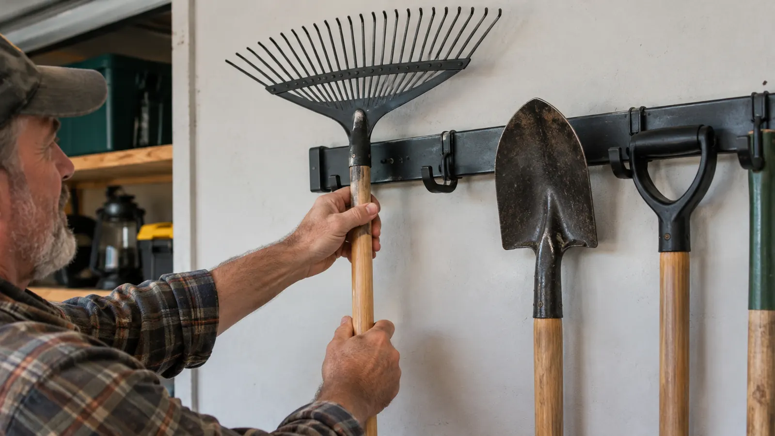 hands hanging a long-handled rake onto a wall-mounted metal garden tool organizer
