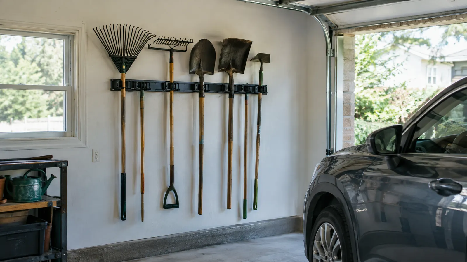 a garage wall with a wall-mounted metal tool rack holding rakes, shovels, and hoes, with a car parked nearby