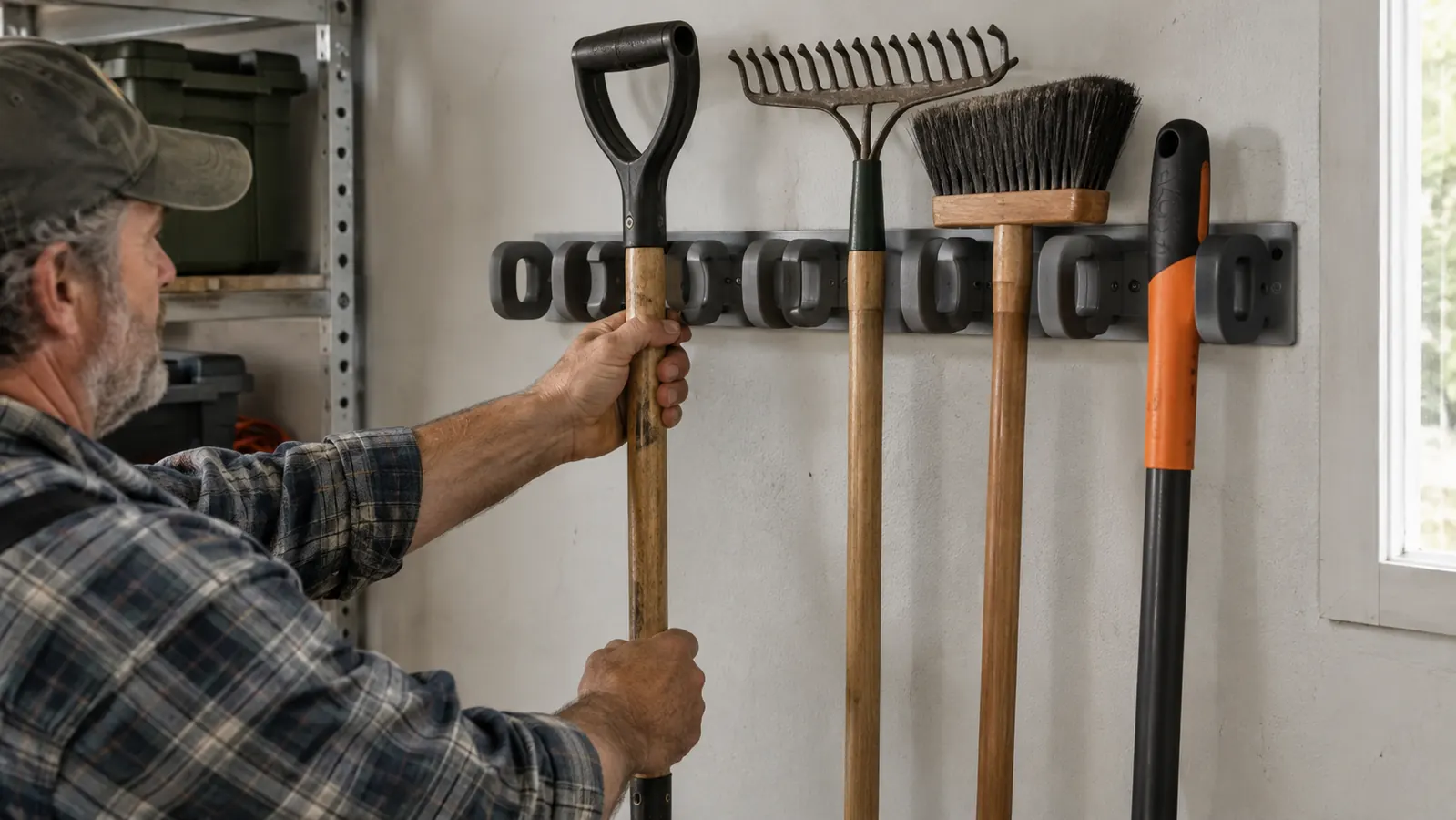 A hand sliding a long-handled shovel into the loop of a wall-mounted metal tool rack