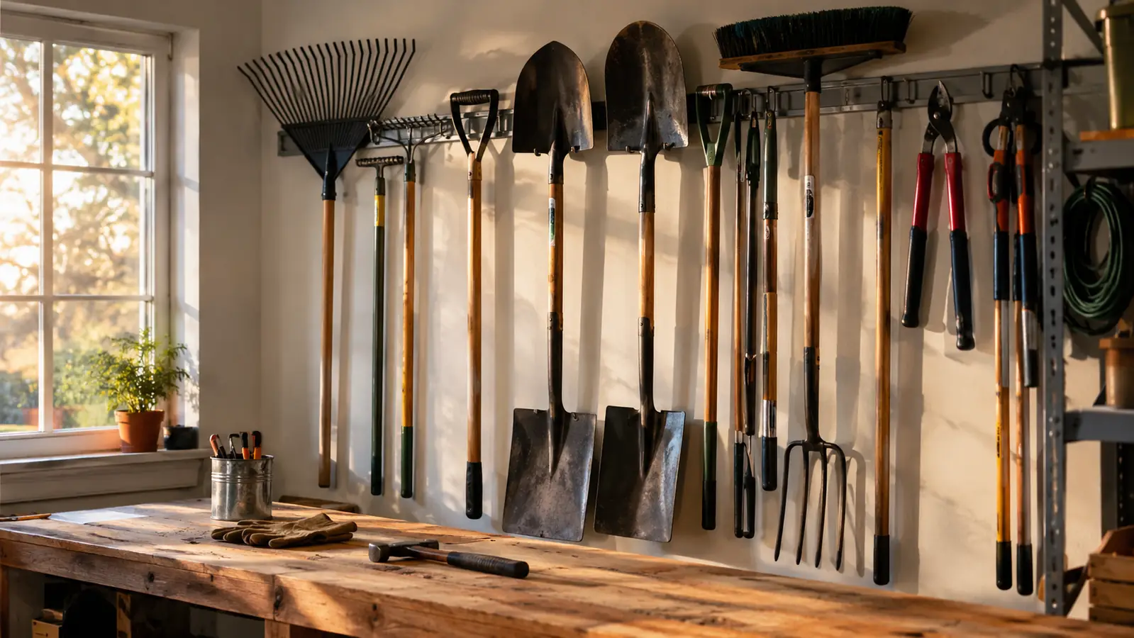 A garage wall with a long metal tool rack holding garden tools in a neat row above a wooden workbench