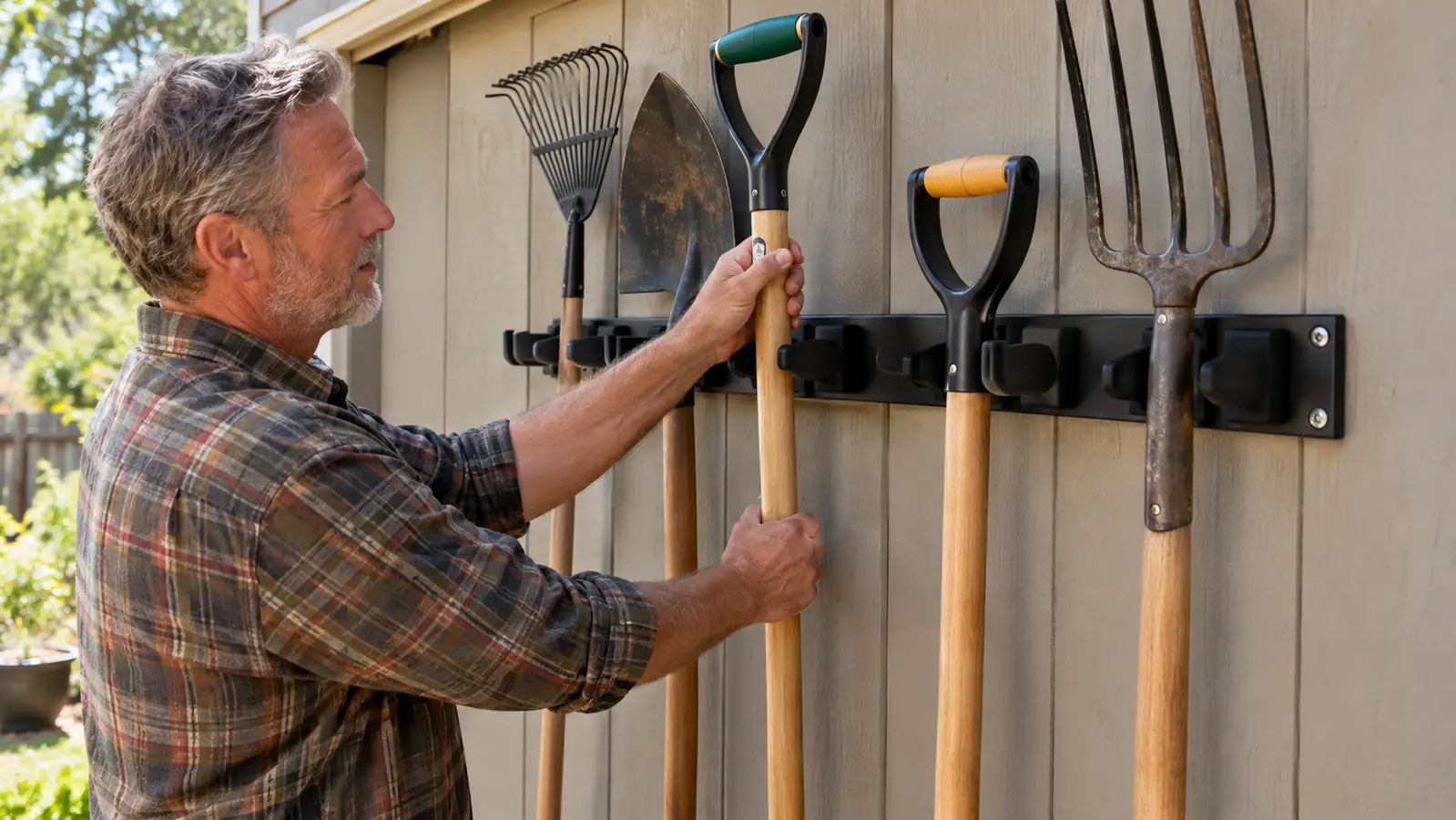 A hand sliding a long-handled garden tool into a wall-mounted metal rack in a shed