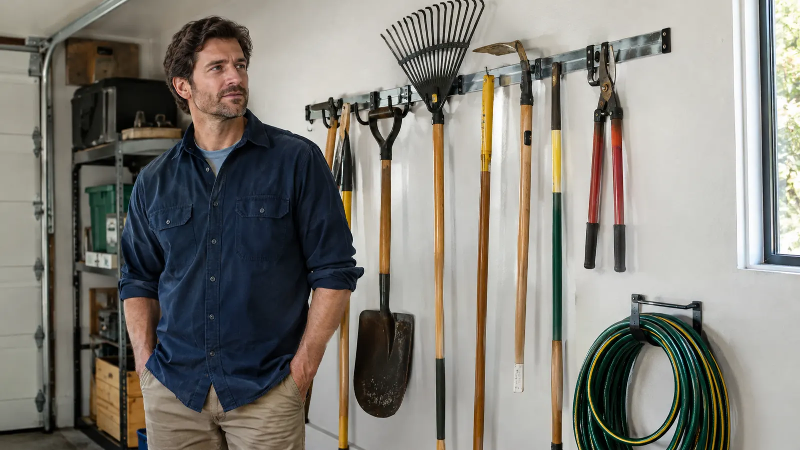 A man standing beside a wall-mounted garden tool rack in a garage, tools hanging neatly in place