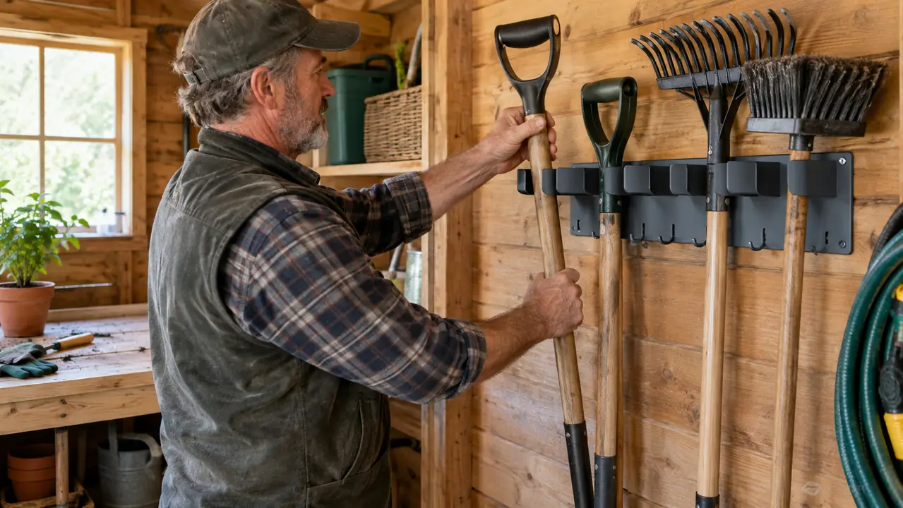 A man hanging a long-handled garden tool on a wall-mounted metal rack in a wooden shed