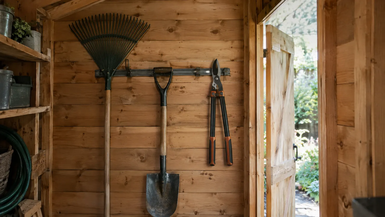 A wall-mounted metal tool rack holding a rake, shovel, and pruners inside a small garden shed